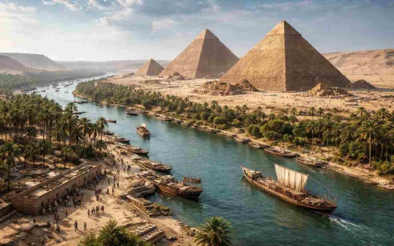 Dalle sabbie del deserto emerge il ramo del Nilo che permise la costruzione delle piramidi