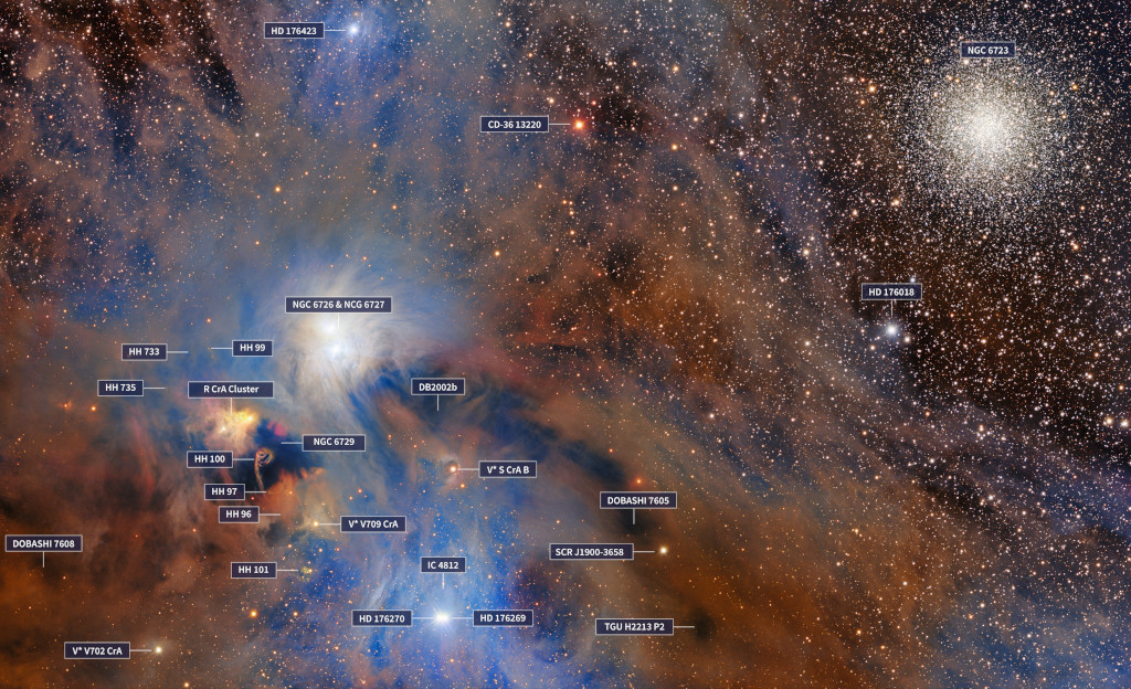 A vibrant view of the Corona Australis Molecular Cloud, one of the closest star-forming regions to Earth, reveals glowing nebulae, dark dust lanes, and newborn stars in a scene reminiscent of Van Gogh’s The Starry Night. At left, the young binary system R Coronae Australis illuminates surrounding gas and dust, while the glittering globular cluster NGC 6723 shines at upper right, far beyond the nearby stellar nursery. This image was captured by the 570-megapixel DOE-fabricated Dark Energy Camera (DECam), mounted on the NSF Víctor M. Blanco 4-meter Telescope at Cerro Tololo Inter-American Observatory (CTIO) in Chile.